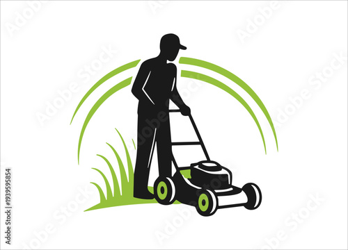 A stylized illustration depicts a person mowing a lawn showcasing gardening and outdoor maintenance with green accents high quality professional detailed modern elegant stylish clean crisp