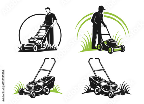 Graphic illustrations depict a man mowing a lawn with various lawnmower designs and grassy elements high quality professional detailed modern elegant stylish clean crisp vibrant colorful