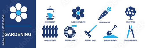 Gardening icon set. Containing bird feeder, blooming flower, fresh carrot, fruit tree, garden fence, garden hose, garden rake, shovel, pruning shears and more. Solid fill vector icons