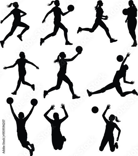 Black silhouette collection of female volleyball players in action poses including serving jumping spiking and 