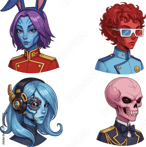 Set of Four Cartoon Sci-Fi and Fantasy Character Avatars Including Alien Elf Cyborg Girl Red Hero and Pink Skull for Gaming and Space Concept