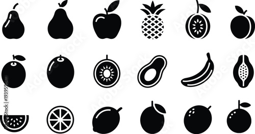 Black silhouette collection of fresh tropical fruits including apple banana pineapple and pear isolated on white background, vector illustration for healthy food and organic nutrition design assets.