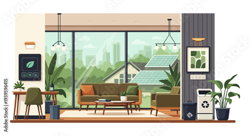 Sustainable Urban Living Room with Solar Panels, Smart Energy Monitor, and Green Plants. Modern Eco-Friendly Interior Design Concept.