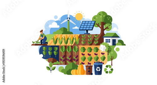 Sustainable Agriculture and Organic Farming Concept with Renewable Energy, Gardener, and Recycling in Flat Illustration