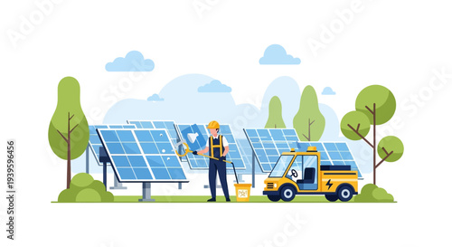 Worker Cleaning Solar Panels: Renewable Energy Maintenance, Green Technology & Sustainable Power Production