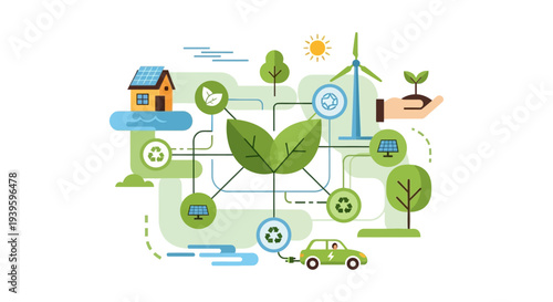 Sustainable Living Green Energy Network. Eco-Friendly System with Solar, Wind, EV, Recycling. Environmental Future Concept.