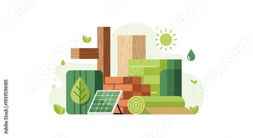 Green Building & Sustainable Construction: Eco-Friendly Materials, Solar Energy, and Energy Efficiency Illustration