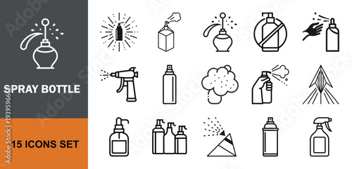 Spray bottle and cleaning tools icon set with disinfectant sprayer sanitizer and mist symbols, minimal line vector collection for hygiene and cleaning
