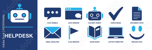 Helpdesk icon set. Containing chat bubble, chat window, chatbot robot, check mark, document note, email envelope, guide book, laptop computer, smiling face and more. Solid fill vector icons