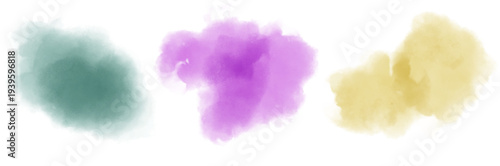 Watercolor stain decoration. yellow purple green colored splatter brush