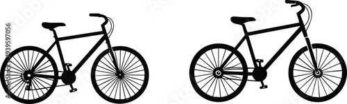 Black silhouette collection of modern bicycles with mountain bike and city cycle frames isolated on white background vector illustration for urban transportation and outdoor cycling design assets.