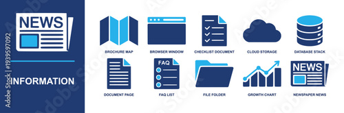 Information icon set. Containing brochure map, browser, checklist document, cloud storage, database stack, FAQ list, file folder, growth chart, newspaper and more. Solid fill vector icons