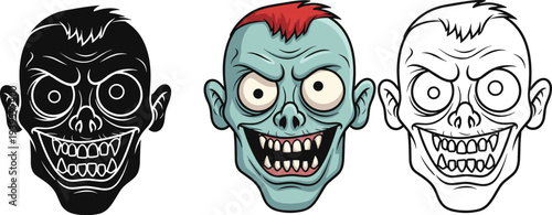 Set of Three Cartoon Zombie Head Avatars Featuring Silhouette Color and Line Art Styles with Creepy Grins and Red Hair for Halloween Graphic Design