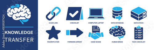 Knowledge transfer icon set. Containing chain link, checklist, computer laptop, data database, data stack, arrow, handshake, human brain, task checklist and more. Solid fill vector icons