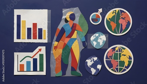 Multi layered vector collage illustration featuring abstract human figure, data charts, and global geography icons on indigo background