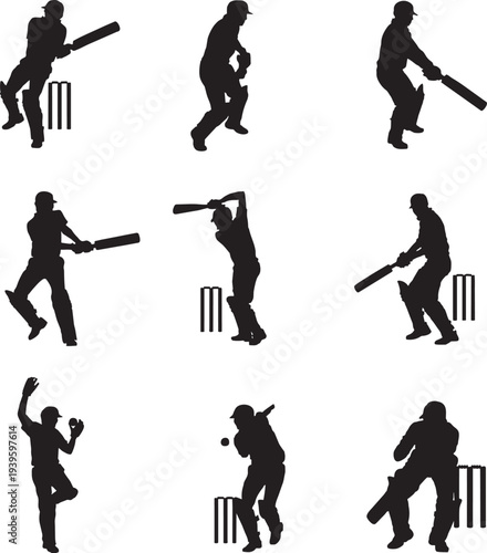 Professional Cricket Player Actions Silhouette Set - Dynamic Batsman Batting Poses and Bowler Delivery Vector Icons