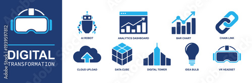 Digital transformation icon set. Containing AI robot, analytics, bar chart, chain link, cloud upload, data cube, digital tower, idea bulb, VR headset and more. Solid fill vector icons