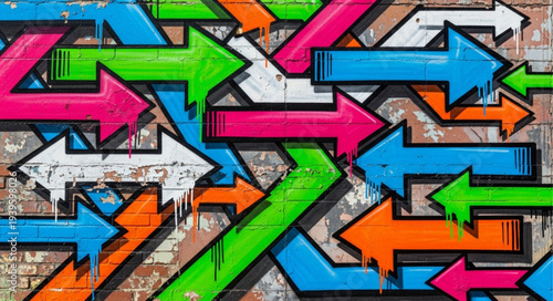 Colorful Arrows Graffiti Wall with Directional Signs.