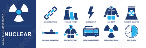 Nuclear icon set. Containing chain reaction, cooling tower, energy bolt, reactor, protective suit, radiation detector, symbol, submarine, lab coat, clock and more. Solid fill vector icons