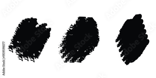 Three diverse black ink brush stroke shapes with textured edges isolated on a transparent background for creative design elements