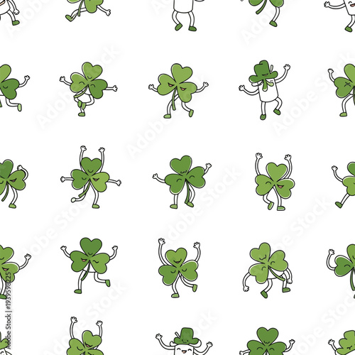 Dancing shamrock pattern cartoon, lucky clover character, st patricks day fun