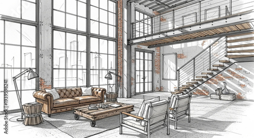 Modern Industrial Living Room with Large Windows.