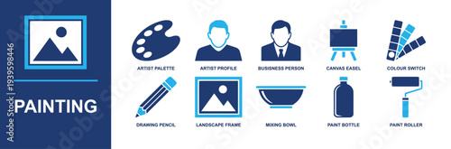 Painting icon set. Containing artist palette, artist profile, canvas easel, color swatch, pencil, landscape frame, mixing bowl, paint bottle, roller and more. Solid fill vector icons