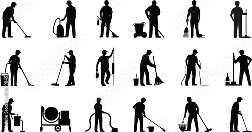 Black silhouette collection of professional cleaners and industrial workers with vacuum and mop isolated on white background, vector illustration for janitorial and maintenance service design assets.
