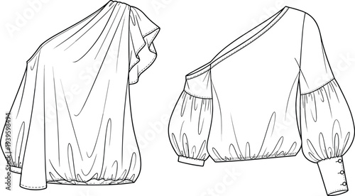 Technical Fashion Flat Sketch of Women's One Shoulder Puff Sleeve Blouse Featuring Drape Detail and Button Cuffs for Apparel Design Mockup and Garment Manufacturing