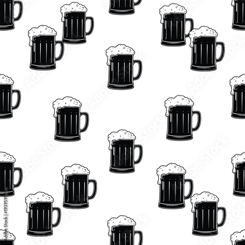 Seamless pattern with beer mugs on transparent background black white vector illustration