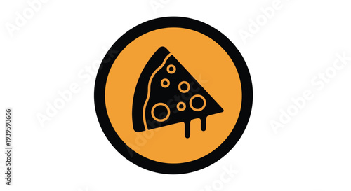 A black silhouette of a melting pizza slice on an orange background within a black circle.