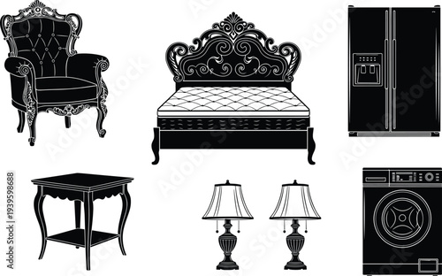 Black silhouette collection of professional cleaners using mops vacuums and industrial equipment 