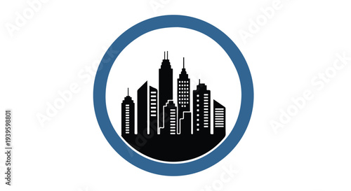A blue circle with a black and white city skyline silhouette.