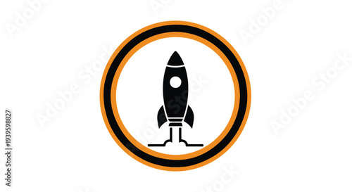 A black and orange icon of a rocket ship in a circular frame.
