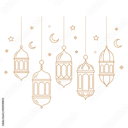 Outline illustration of Ramadan lanterns and celestial bodies
