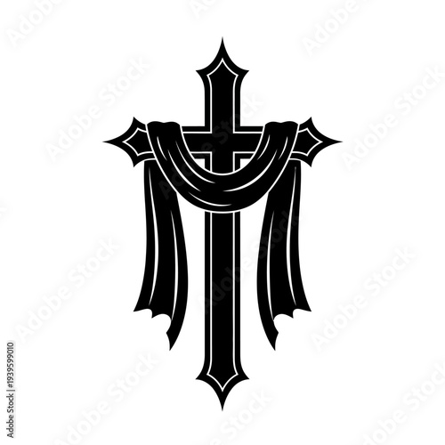 Ornate Black Christian Cross with Draped Fabric.