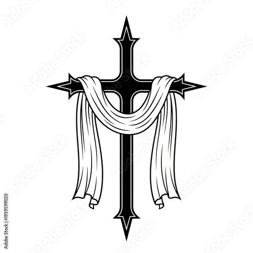 Ornate Christian Cross with Drape Black and White Illustration.
