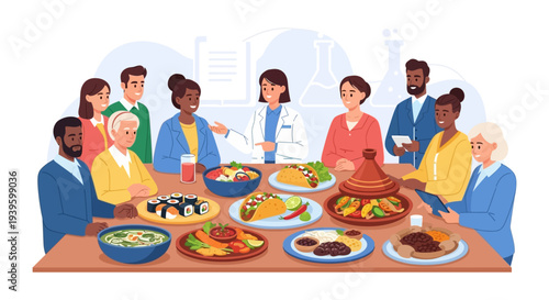 Diverse Professionals Discuss Healthy Global Cuisine with Nutritionist