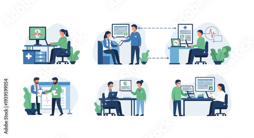 Digital Healthcare and Telemedicine Vector Illustration Set. Doctors, Patients, and Medical Professionals Managing Electronic Health Records and Remote Consultations.