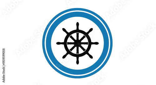 A blue and white ship's steering wheel emblem with a black spoke design.