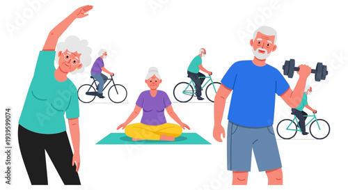 Active Seniors Lifestyle: Elderly People Exercising, Doing Yoga, Cycling, and Weightlifting - Flat Vector Illustration
