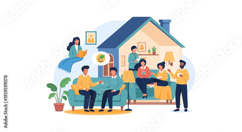Diverse People Enjoying Cozy Home Life, Socializing, and Relaxing Together. Community Gathering with Leisure Activities, Emphasizing Well-being and Connection in a Welcoming Environment.