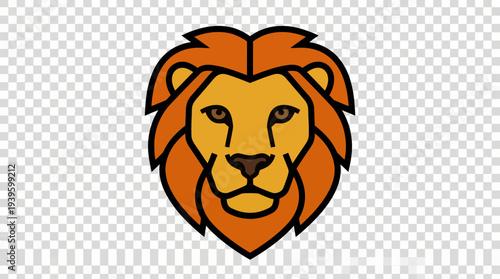 Cartoon lion head with orange mane and yellow face on transparent background.