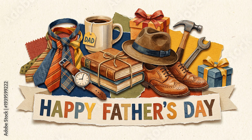 Happy Fathers Day greeting collage with tie watch tools and gift box AI generated content
