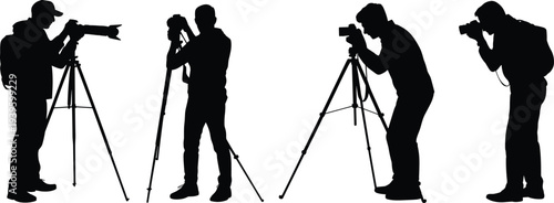 Black silhouette collection of professional photographers with tripods and cameras isolated on white background, vector illustration for creative media production and photography studio design.