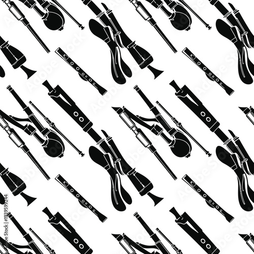 Celtic musical instruments pattern with bagpipes and wooden flutes silhouettes