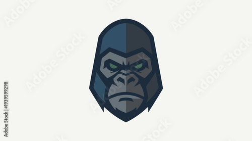 A stylized dark blue and grey gorilla head with intense green eyes, depicted in a flat design style, suitable for a logo or mascot.