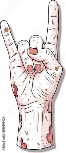 Zombie Hand Giving Rock On Horns Sign With Bloody Skin And Severed Wrist For Halloween Heavy Metal Music Festival Poster And Spooky Horror Illustration