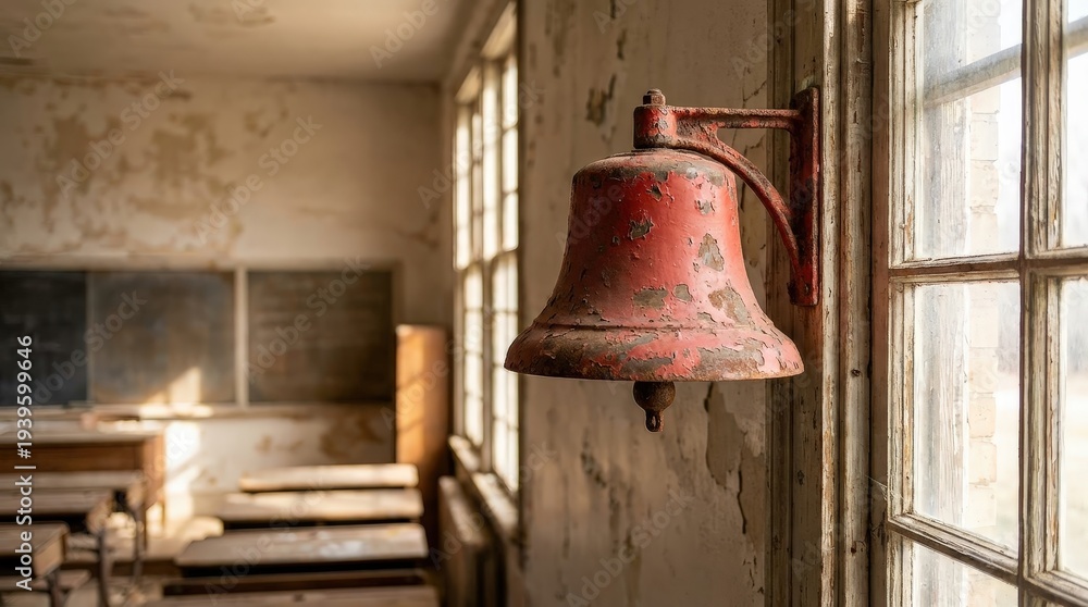 Obraz premium A Rusty Vintage School Bell Mounted on a Worn Wall in an Abandoned Building