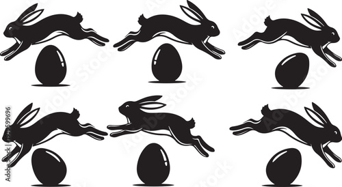Easter bunny silhouettes jumping with eggs on white background